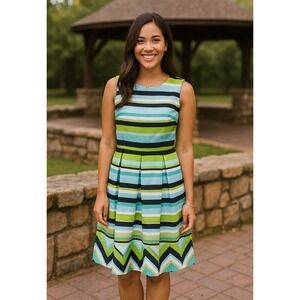 CKZ) Sandra Darren SIZE 10 Dress Fit & Flare Zip Back Blue‎ White Green Shift